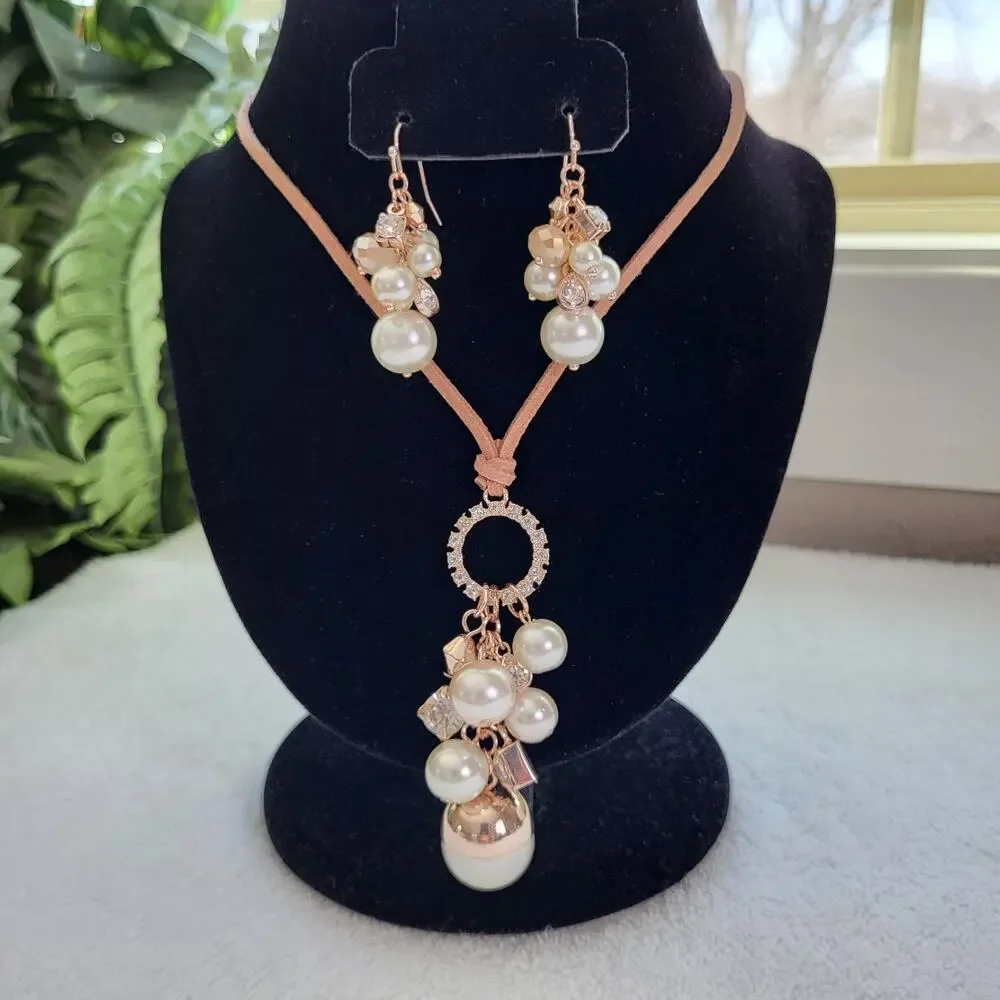 Cato Corded Pearl Cluster Necklace & Earring Set – Rose Gold Tone